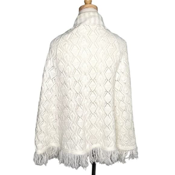 Vintage 70s/80s Ivory Cable Knit Fringe Poncho Sweater Cape Pearl Button Western - Picture 6 of 7